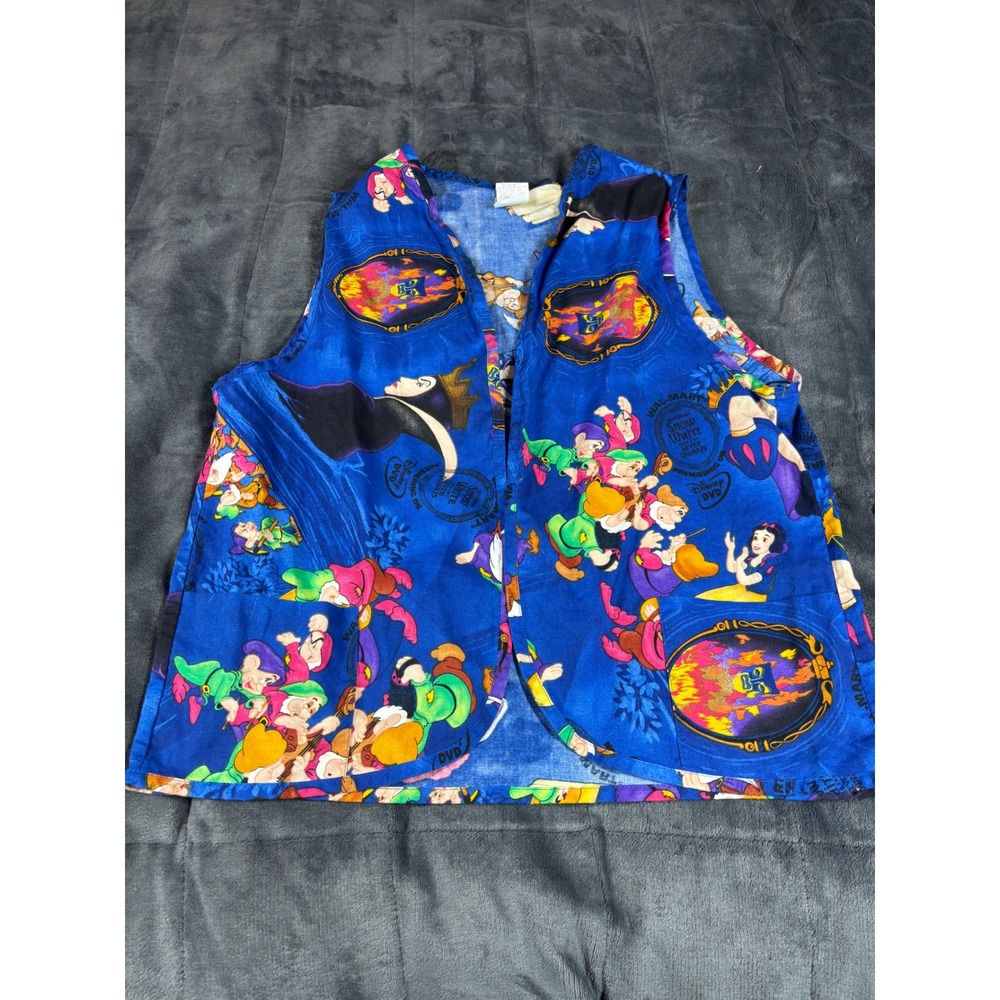 Vintage Disney Snow White Seven Dwarfs Blue Cotton‎ Vest Open Front Pockets 5769
